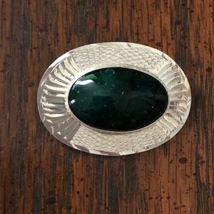 Green malachite & sterling silver brooch